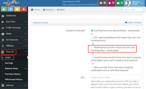 NowPayments deposit option screenshot